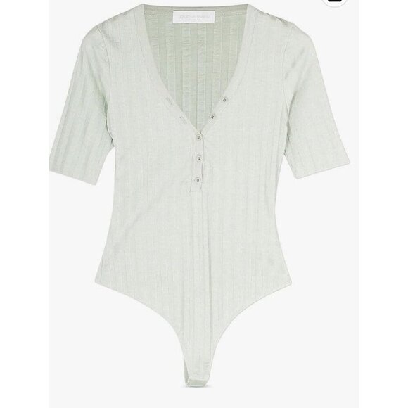 JONATHAN SIMKHAI XS Bodysuit Connie Womens Button Front VNeck Lichen Green New - Picture 7 of 9